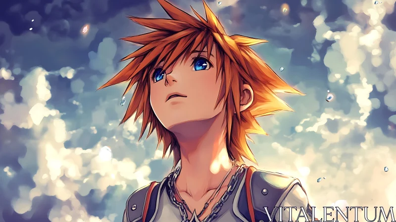 Spiky haired anime boy gazes upward under glowing sky