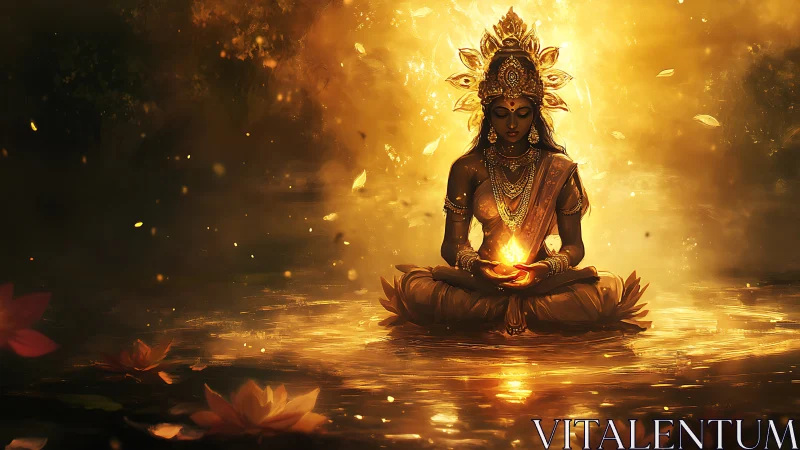 Radiant goddess in lotus pose with floating golden light.