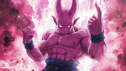 Pink horned warrior stands amid explosive magenta energy