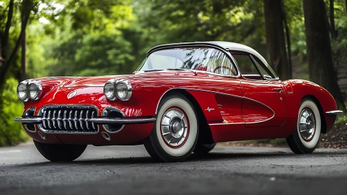 Vintage red Corvette gleams beneath lush forest canopy.