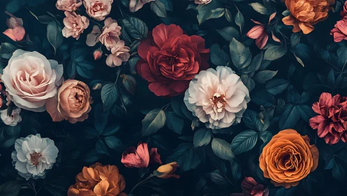 Vintage Floral Garden with Roses and Peonies on Deep Teal