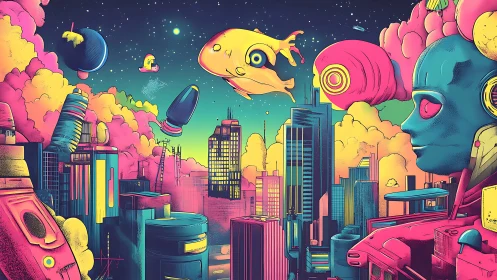 Neon alien metropolis under surreal cosmic skyscape.