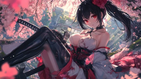 Sword-wielding anime warrior framed by dynamic cherry blossoms and light