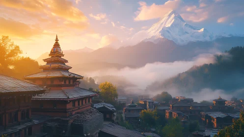 Sunrise over a misty mountain town and temple roofs.