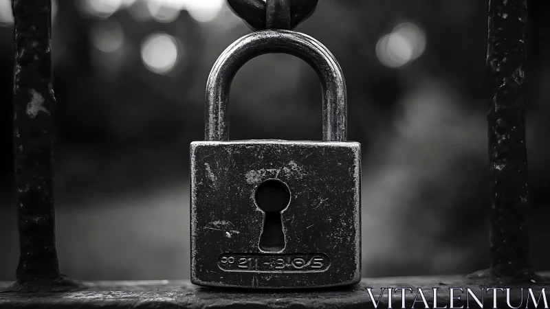 Weathered metal padlock on gate in monochrome focus.