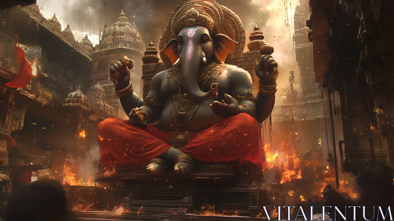 Ganesha deity seated in burning temple environment.