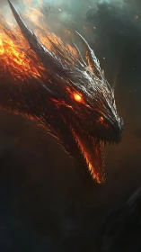 Flaming dragon head roars with molten eyes and metal scales