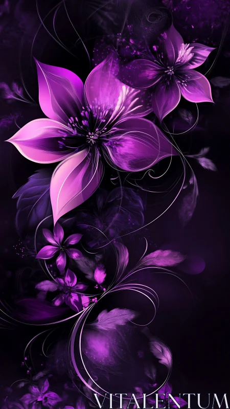 Purple luminescent flowers rendered with digital light effects and flowing organic forms.