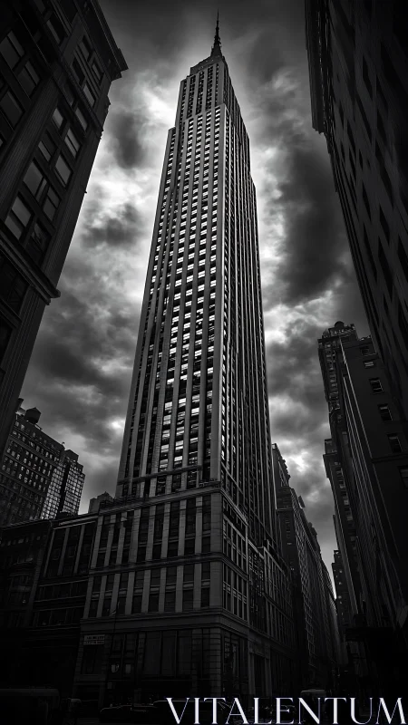 Storm-lit titan skyscraper slicing through brooding clouds.