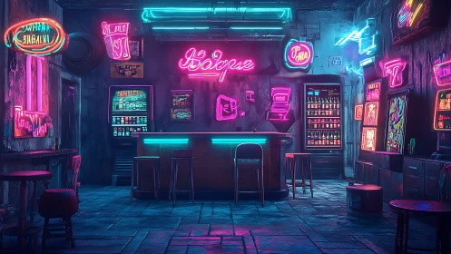 Neon cyberpunk bar interior glows with saturated nightlife light