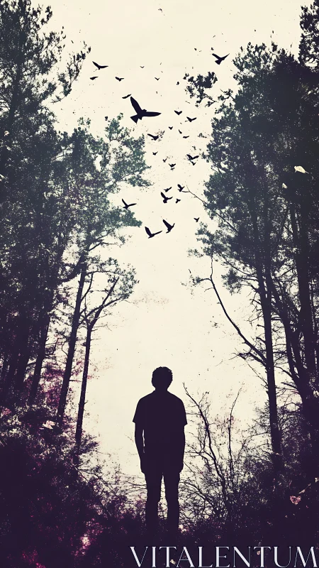 Silhouetted figure studies ascending birds in high-contrast forest