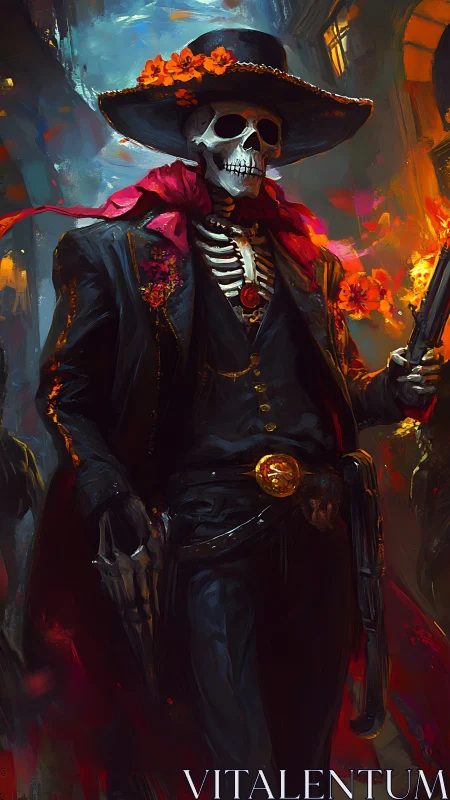 Digital painting of skeletal gunslinger in fiery urban procession.