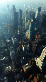 Dense vertical skyline in hazy urban morning light.