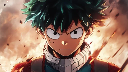 Determined anime hero stands amid swirling fiery chaos.