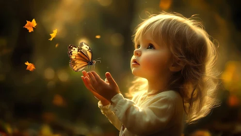 Golden Childhood Wonder: Little Girl Catches Butterflies in Enchanted Light.