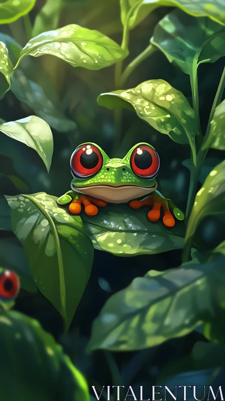 Wide-eyed tree frog rests on dewy jungle leaf at dawn.