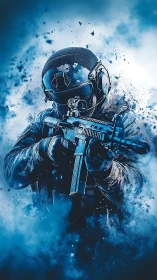 Armored tactical operator aims rifle amid blue particle cloud