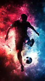 Bipolar nebula soccer silhouette under chromatic particle burst.