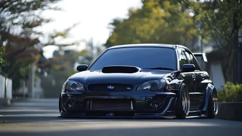 Slammed black Subaru wagon gleams on a quiet tree-lined street.