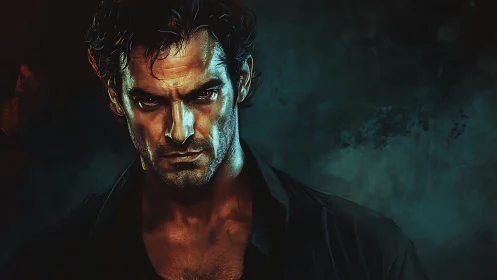 Brooding male portrait with intense dramatic lighting.
