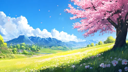 Cherry tree crowns spring valley under vast blue sky