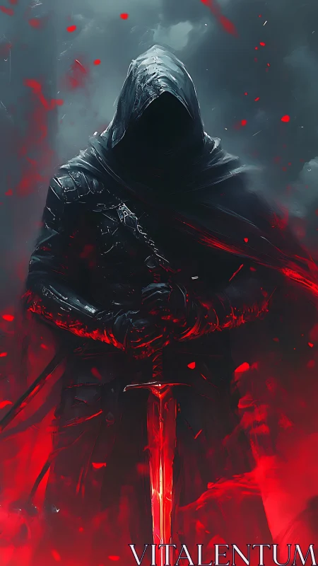 Hooded dark knight holding glowing crimson greatsword.
