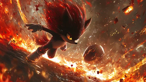 Swift ember runner dashing through a storm of fire and light.