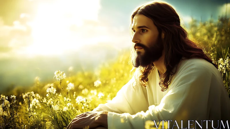 Bearded man in white robe seated in sunlit meadow landscape.