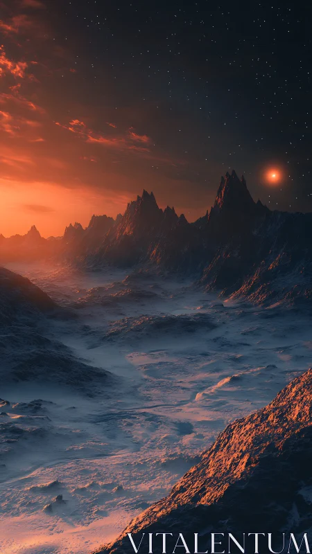 Distant rocky valley under red sunset and starry night sky.