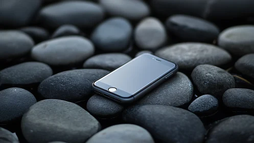 Digital Float: Smartphone Rests Upon Obsidian Pebbles.