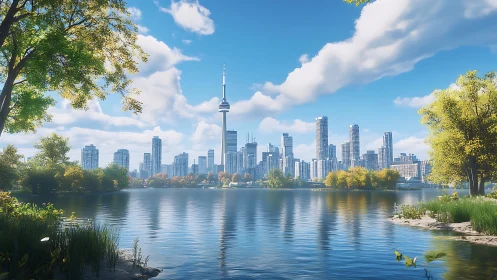 High-rise skyline reflected across calm urban lakeside under clouds