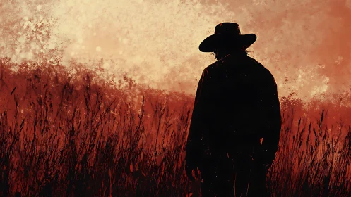Silhouetted cowboy in crimson field at atmospheric sunset.