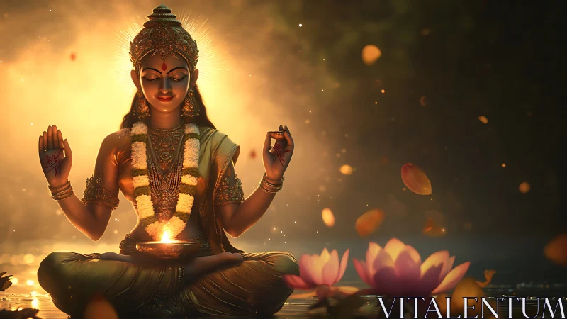 Golden goddess sits in peaceful meditation amid soft lotus light