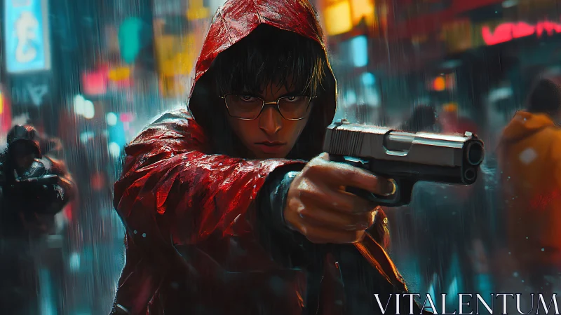 Hooded figure with handgun in wet urban night scene.