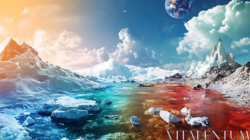 Color-split polar dreamscape under a distant blue Earth.