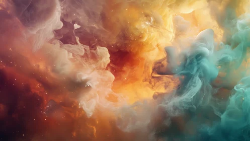 Cosmic nebula clouds swirl in fiery teal and amber light