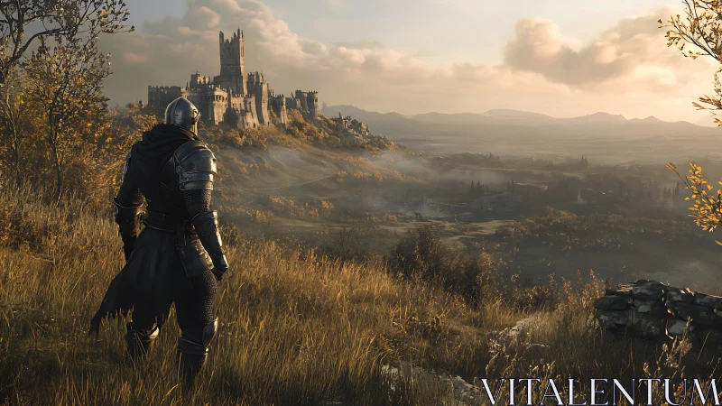 Armored knight surveys distant castle at sunset.