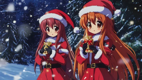 Anime winter scene with twin Santa girls in snowfall framing.