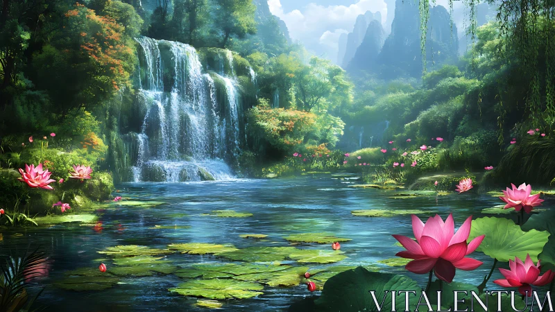 Digital landscape shows waterfall, pond, and lotus vegetation