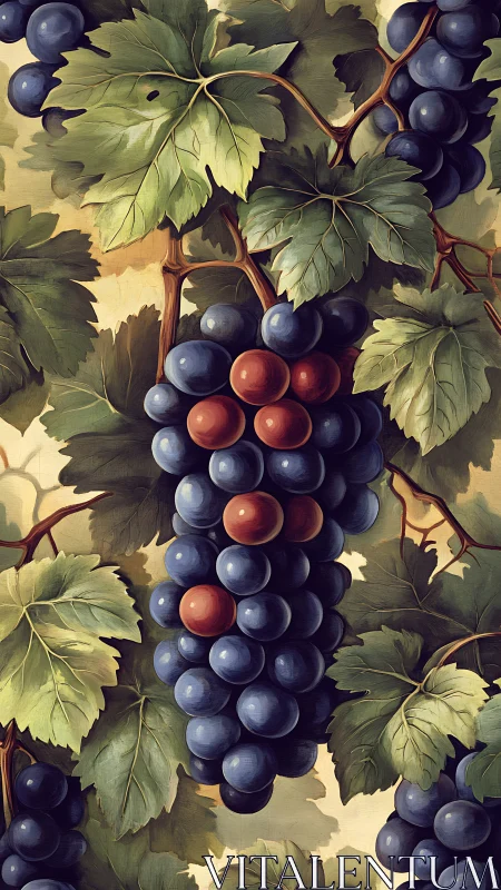 Grapevine clusters glow softly in a vintage botanical style