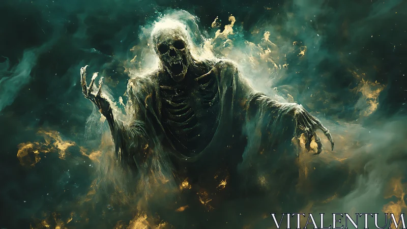 Skeletal robed figure emerges from diffuse luminous smoke field