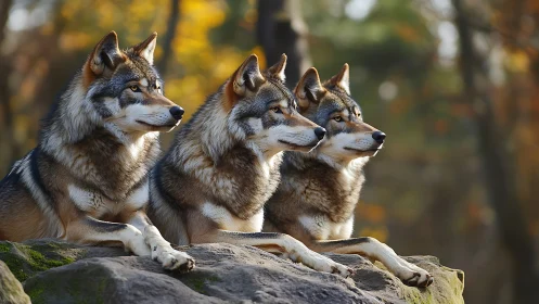 Autumn forest wolf trio resting together in quiet harmony.