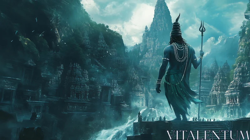 Majestic blue deity surveys mist-veiled mountain temples