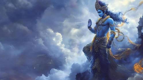 Majestic blue deity walks peacefully across luminous clouds