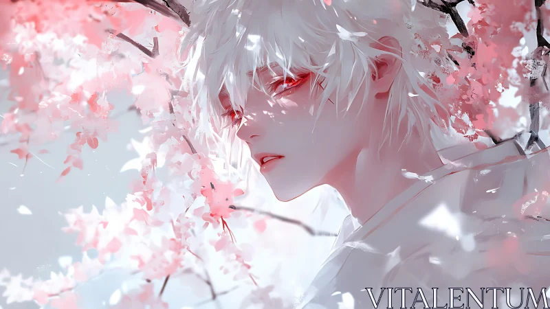 White haired youth beneath ethereal pink blossoms in bloom.