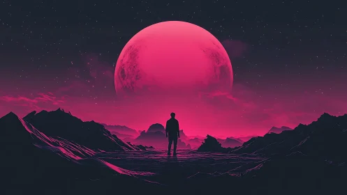 Silhouette on alien terrain facing large pink celestial body.