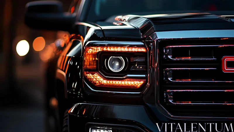 Black pickup truck headlight glows against blurred city street