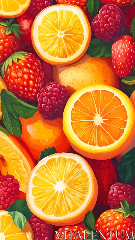 Bright citrus slices with berries in bold digital art