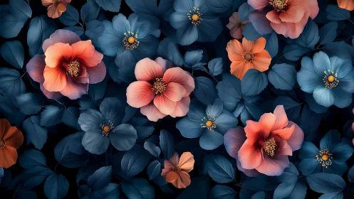 Midnight Garden: Coral Blooms Ignite Against Twilight's Deep Blue Tapestry