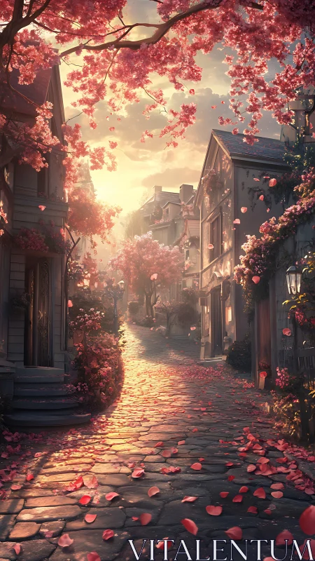 Sunlit rose-petal lane winding through a blossom-draped town.